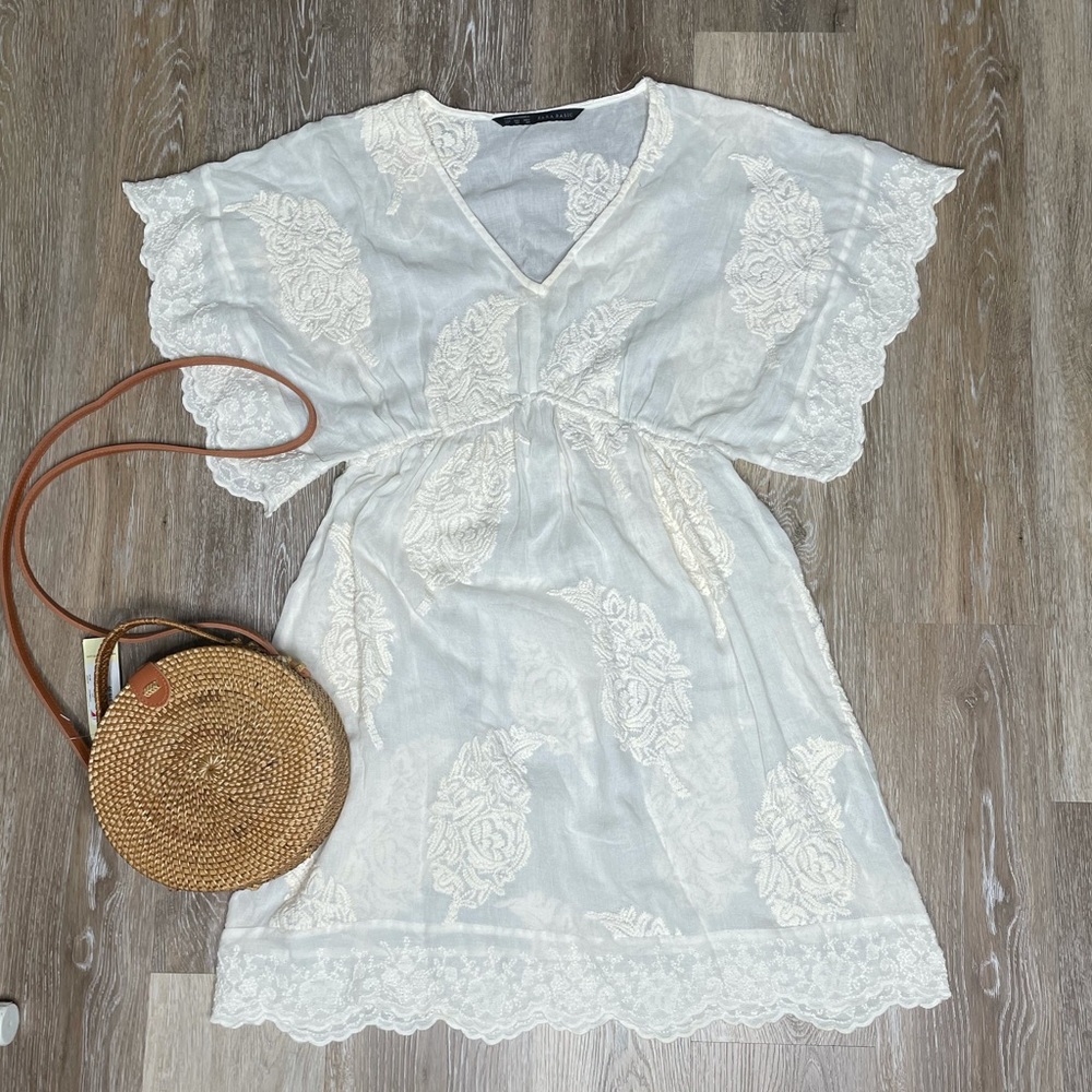 Zara Cream Embroidered Dress XS